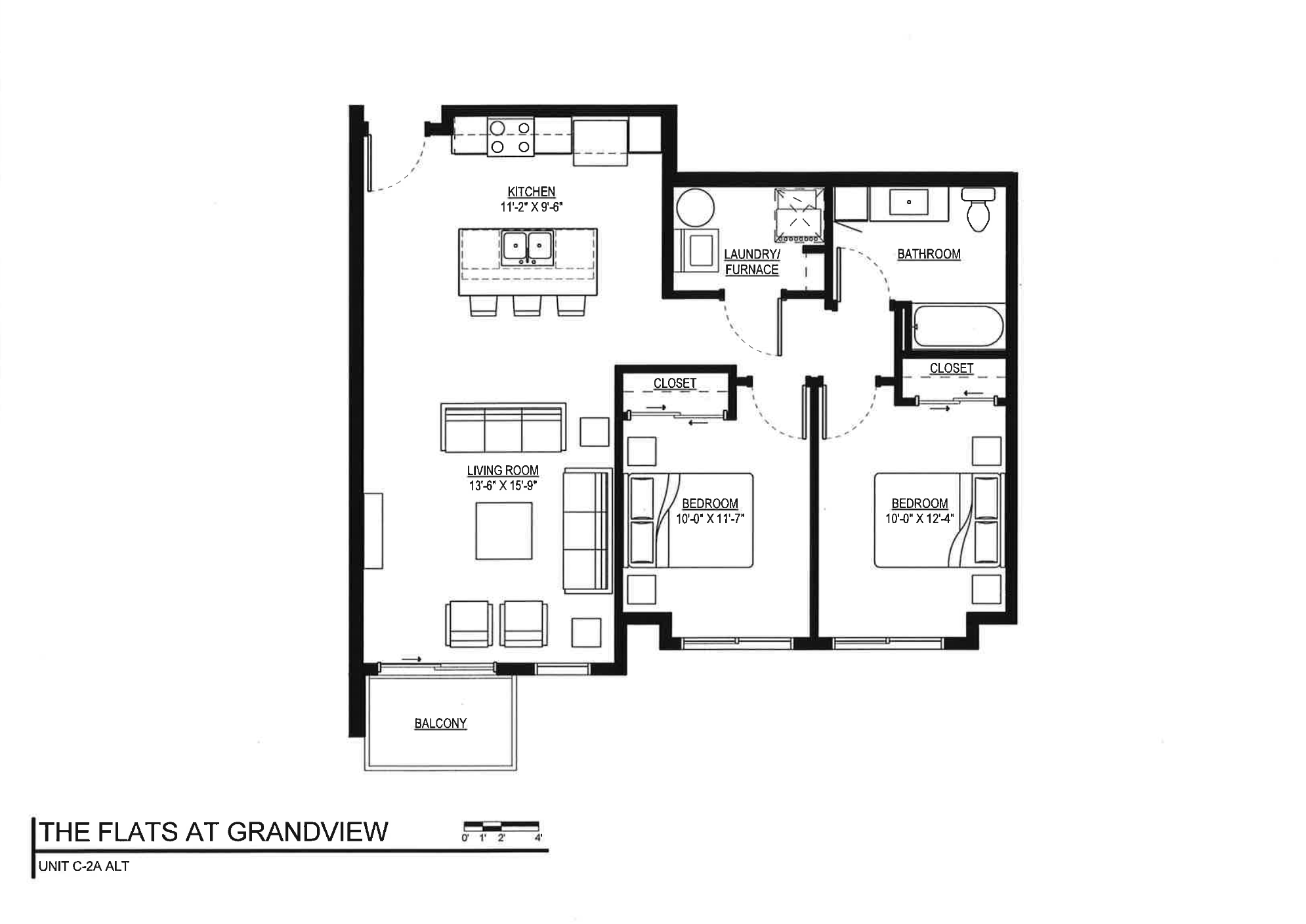 Floor plan for 2 beds, 1 bath, 950 sqft